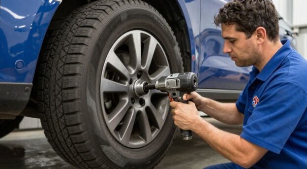 шиномонтаж, шиномонтажник с гайковертом