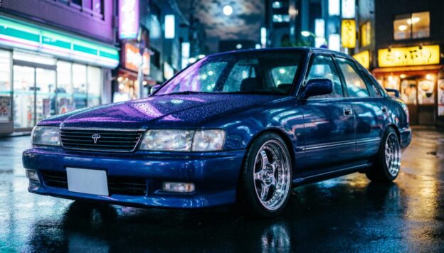 Кинематографическая фотография Toyota Mark II X100 1998 года, тёмно-синий металлик, пониженная стойка, полированные хромированные колёса, припаркованная на мокрой токийской улице ночью, неоновые вывески отражаются на асфальте и кузове, капли дождя на капоте, драматичное мрачное освещение, фиолетовое и циановое неоново свечение