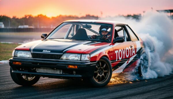 Экшн-кадр: Toyota Mark II X100 дрифтует по гоночной трассе, турбированный 1JZ-GTE, дым из задних шин, автомобиль скользит вбок, водителя видно через окно, каркас безопасности, гоночная окраска, в свете заката, драматическое размытие движения, искры из-под кузова