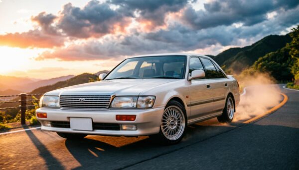 Эпическая автомобильная фотография Toyota Mark II X90 1994 года, белый жемчужный цвет, отделка Grande, хромированная решётка радиатора, заводские колёса в стиле BBS, езда по горной извилистой дороге в золотой час заката, длинные тени, пыльный след позади, размытие движения на колёсах, передний трехчетвертный низкий угол, тёплое кинематографическое освещение, драматичные облака